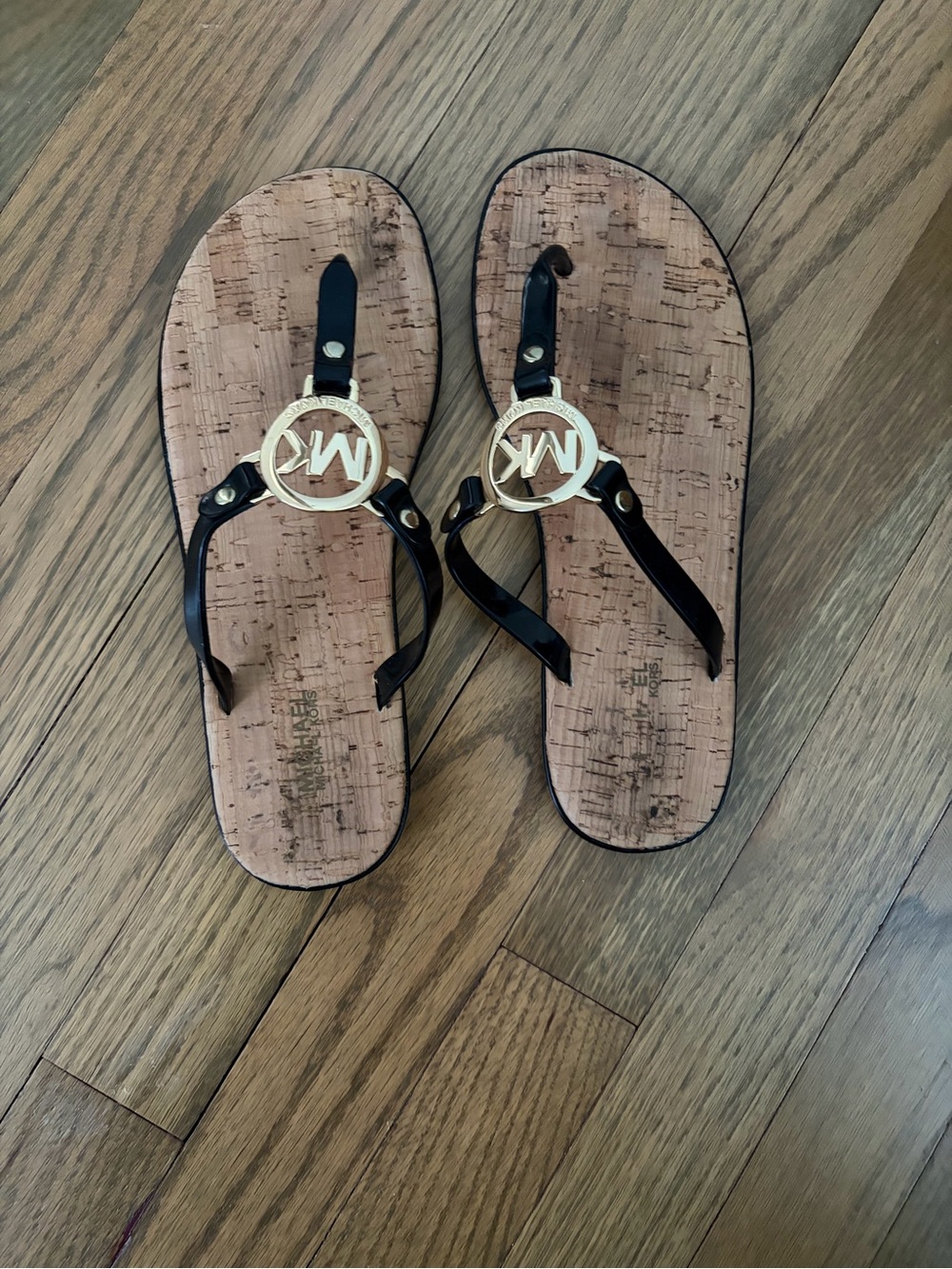 Michael Kors Black Strap Sandal with Gold MK Medallion
